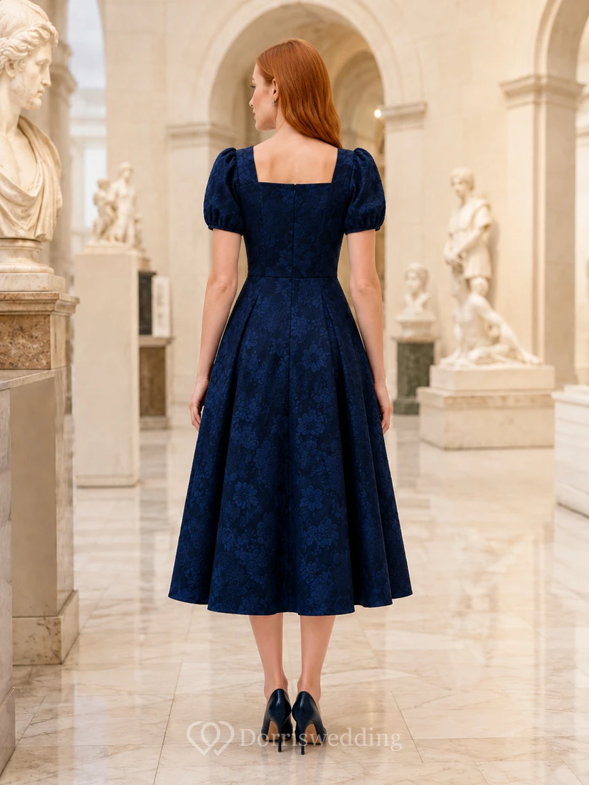 Museum Dark Navy Square Neck Jacquard Velvet A-Line Tea-Length Puff Sleeve Dress view 2