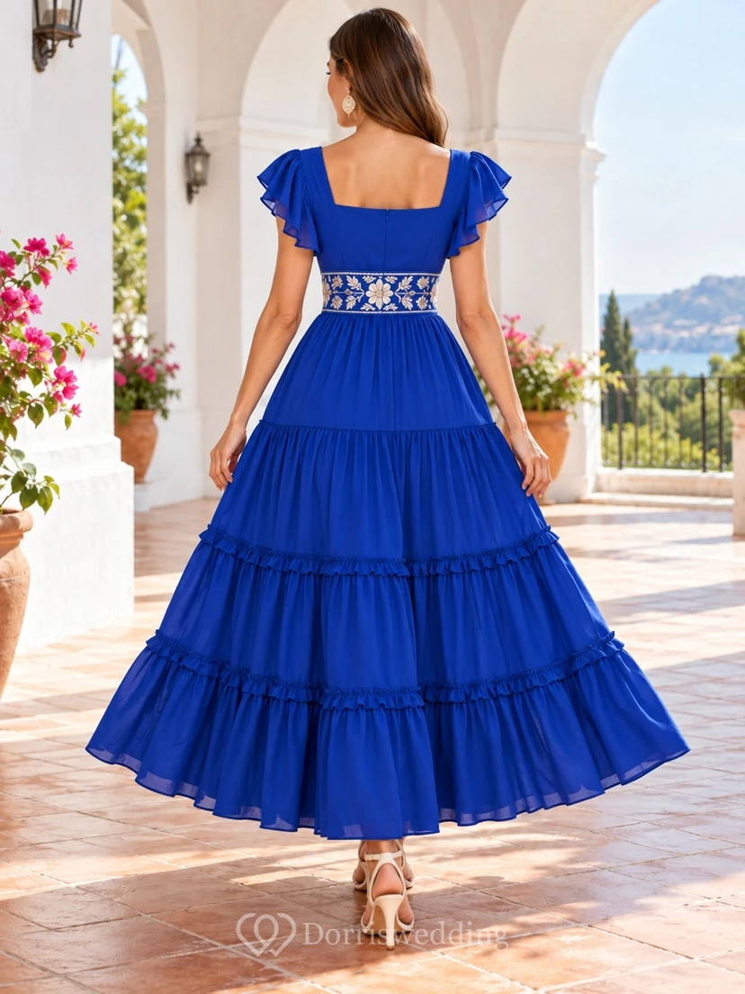 Square Neck Cumbia Royal Blue Flutter Floral Sash Tiered Dress view 2