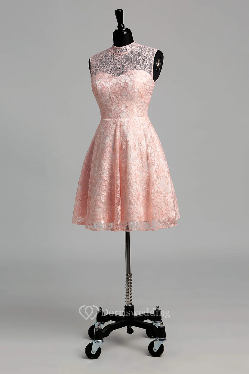 Robe courte/mini en dentelle simple, coupe trapèze, col montant, sans manches view 8