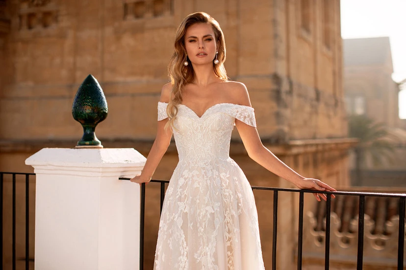 Lace Off-the-shoulder Illusion A-line Wedding Dress with Corset Back view 3