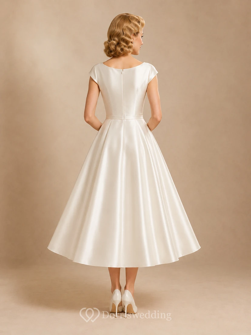 1950s Bateau Neck Cap Sleeve Satin Tea Length Wedding Dress view 2
