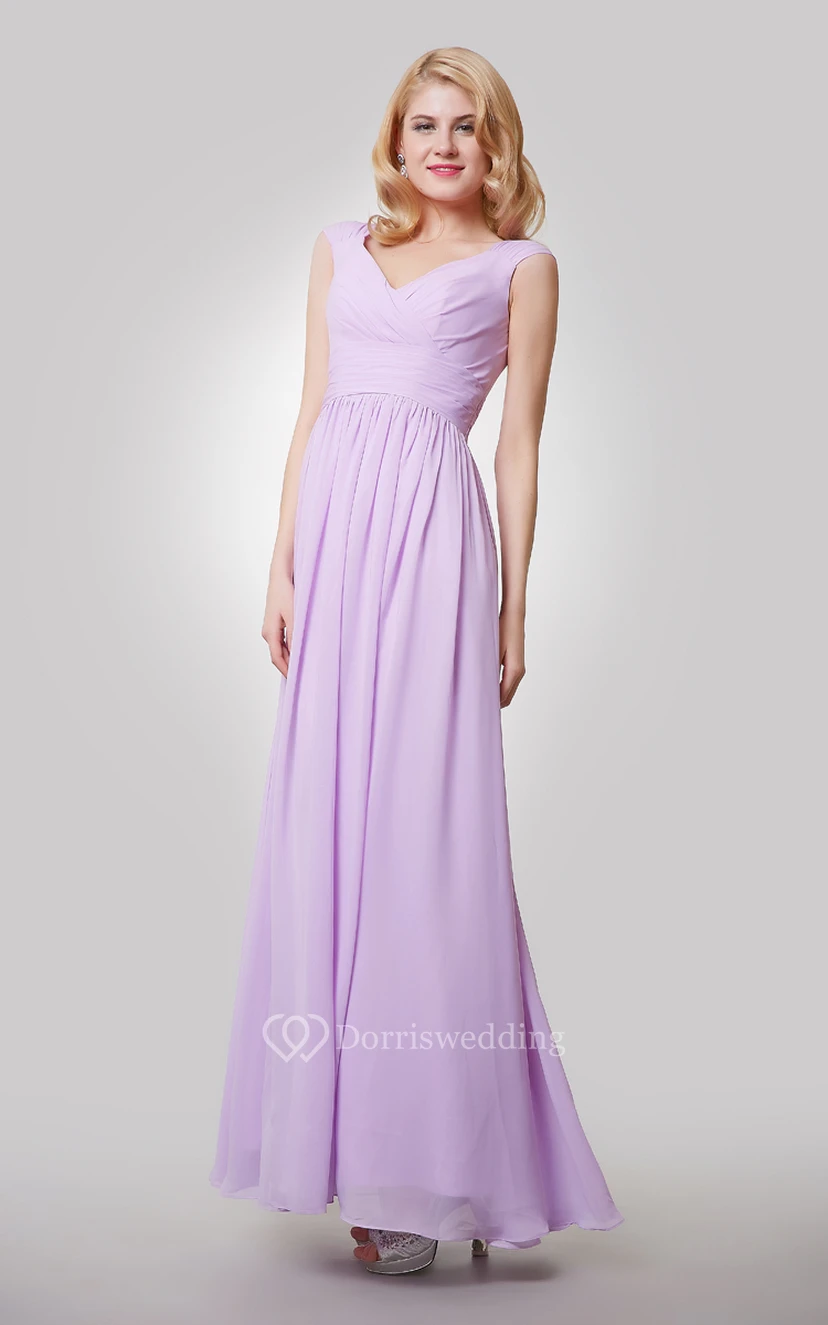 Cap-Sleeved V-Neck Pleated Chiffon Dress With Ruching and Back Bow view 2