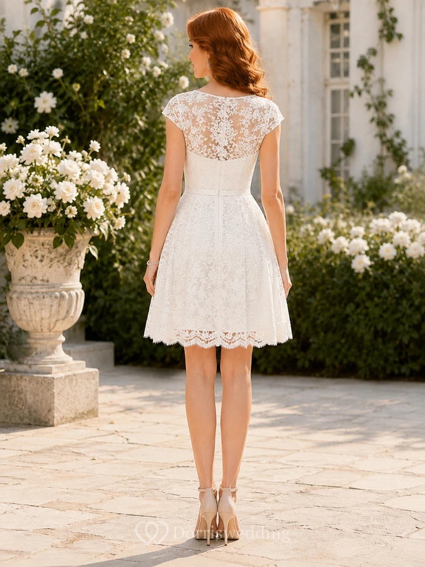 Vintage Lace Cap Sleeve Jewel Neck Short A-Line Civil Wedding Dress view 2
