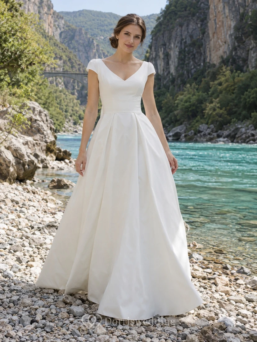 Vestido de novia sencillo de corte A con escote en V, mangas cortas y espalda ladeada con pliegues.