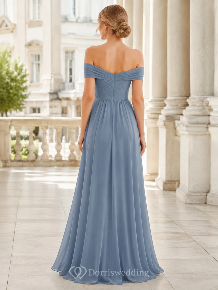 Steel Blue Off Shoulder Chiffon A-Line Dress view 2