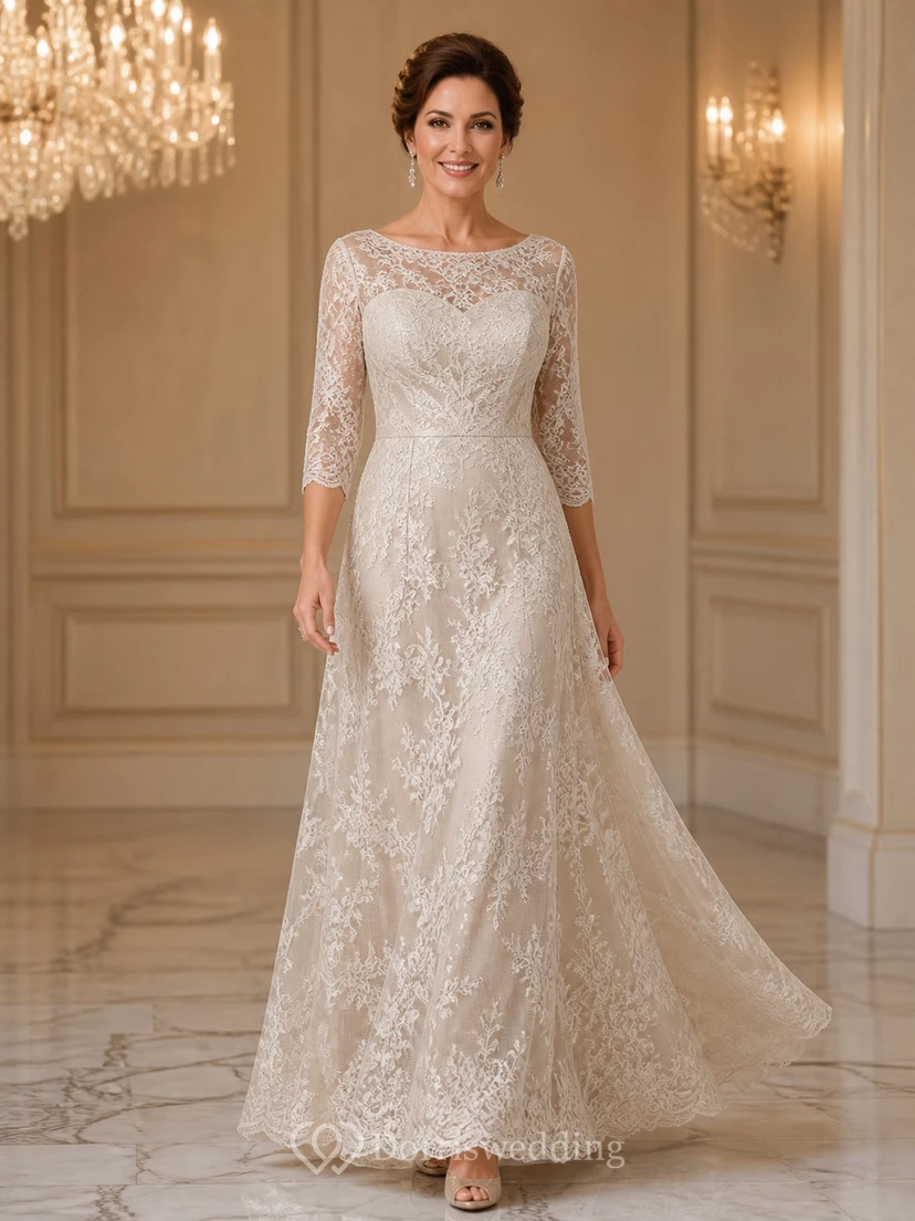 Radiant Modest Older Brides Lace A-Line Floor-length Bateau Three-Quarter Sleeve Mother Dress