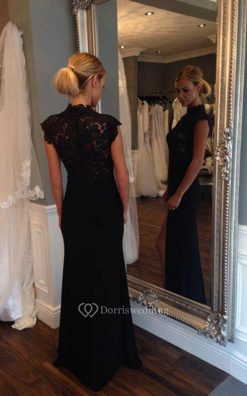 Cap-sleeved Long Lace Gown with Side Slit view 2
