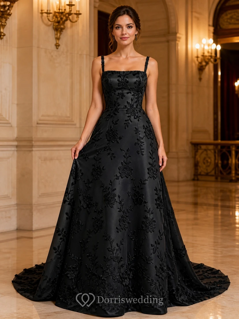 Black Simple A-Line Square Neck Satin Court Train Formal Gown