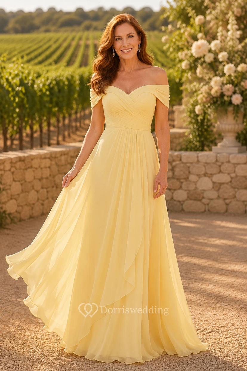 Narzissenfarbenes schulterfreies Chiffon-A-Linien-Kleid für Mütter