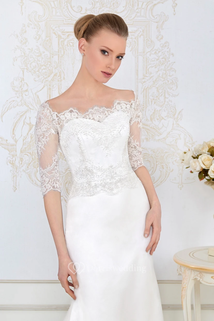 Sheath Floor-Length Appliqued Bateau-Neck Half-Sleeve Lace&Satin Wedding Dress view 4