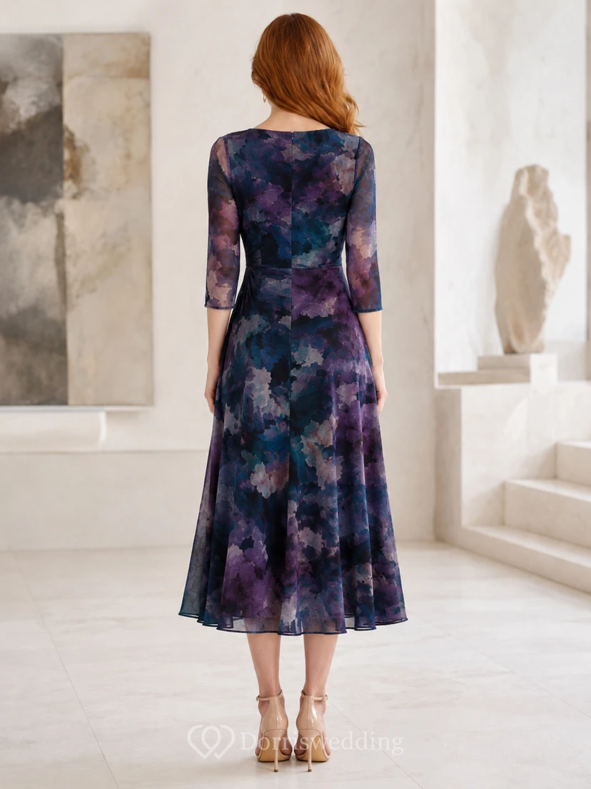 Vestido midi de manga tres cuartos con estampado abstracto de acuarela oscura view 2