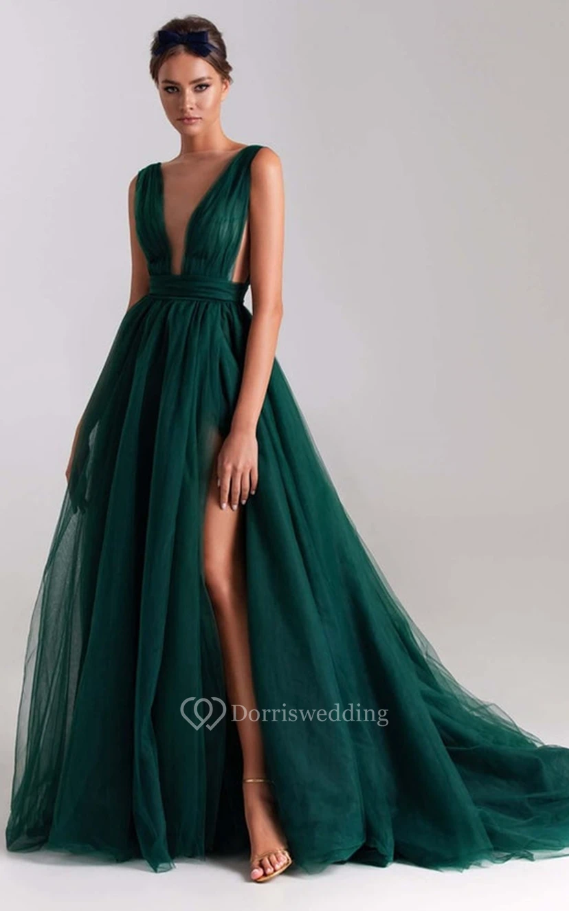 Schlichtes A-Linien-Abendkleid mit tiefem Ausschnitt und Schlitz vorne view 5
