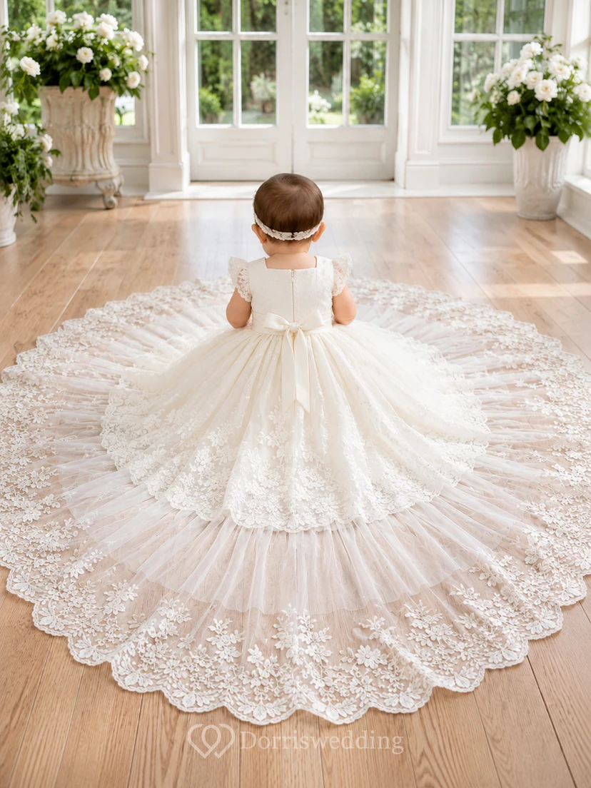 Robe de baptême de luxe pour bébé, robe de bal longue avec traîne cathédrale, col rond, sans manches, tulle et dentelle, nœud dans le dos et boutons dans le dos. view 2