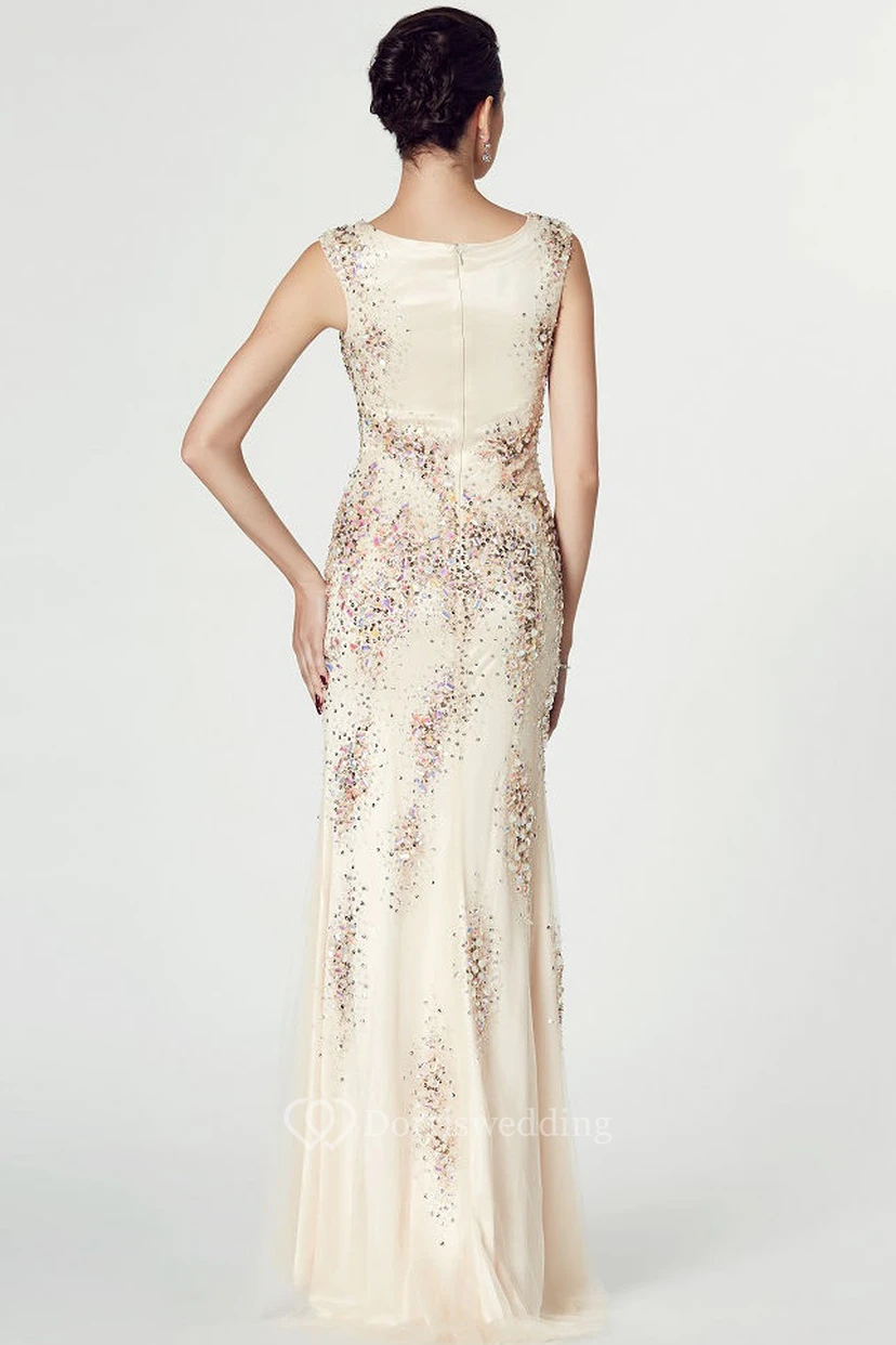 Sheath Scoop Neck Sleeveless Beaded Chiffon Prom Dress view 2