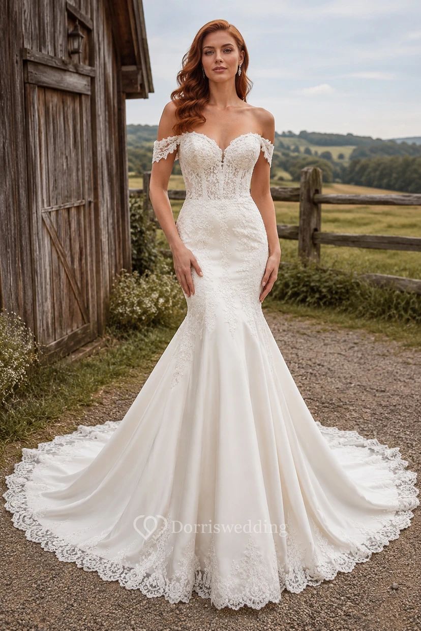 Vestido de novia de satén estilo sirena con hombros descubiertos y cola de encaje.