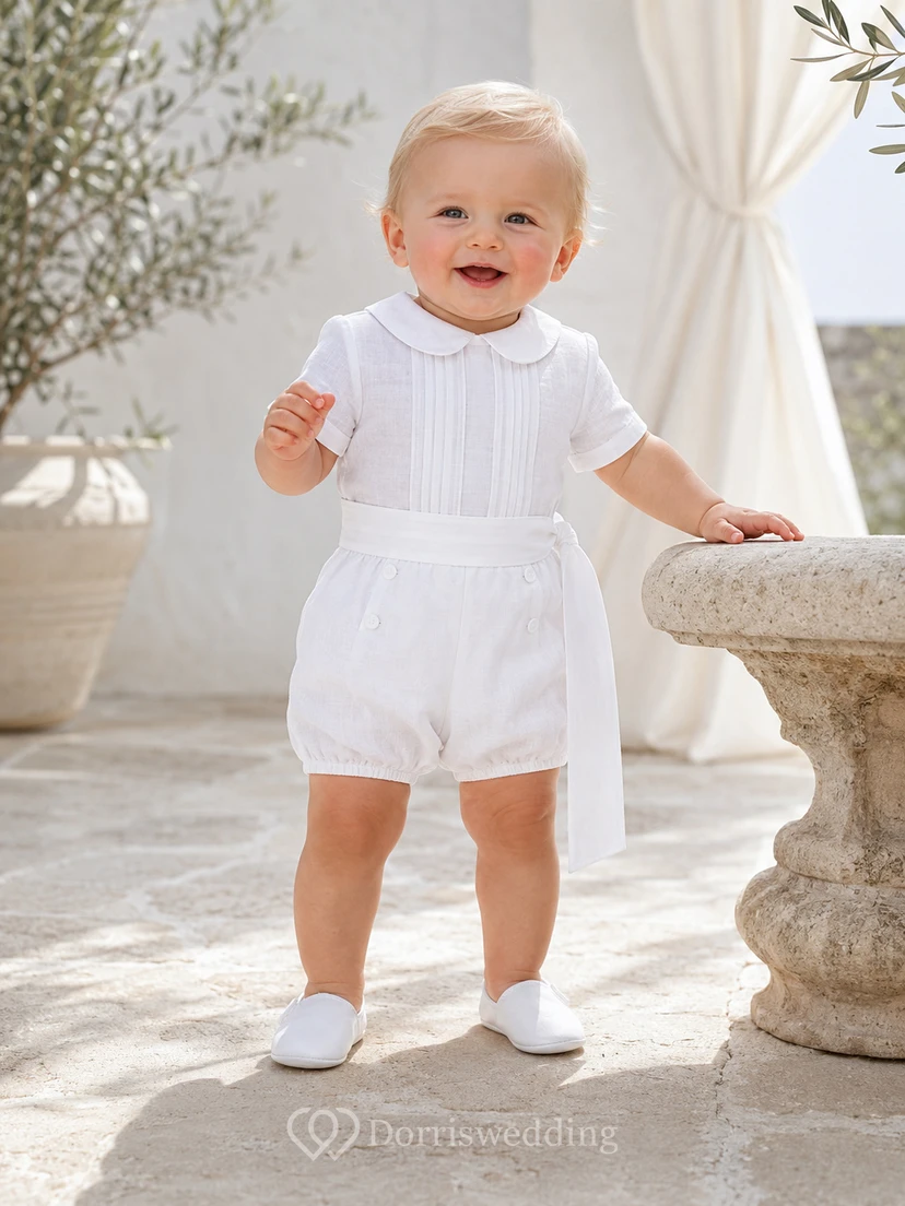 Summer White Short Sleeve Pintuck Linen Baby Boy Christening Romper