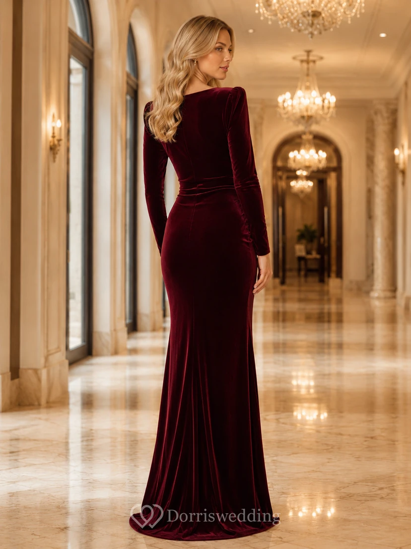 Burgundy Bateau Velvet Long Sleeve Evening Dress view 2