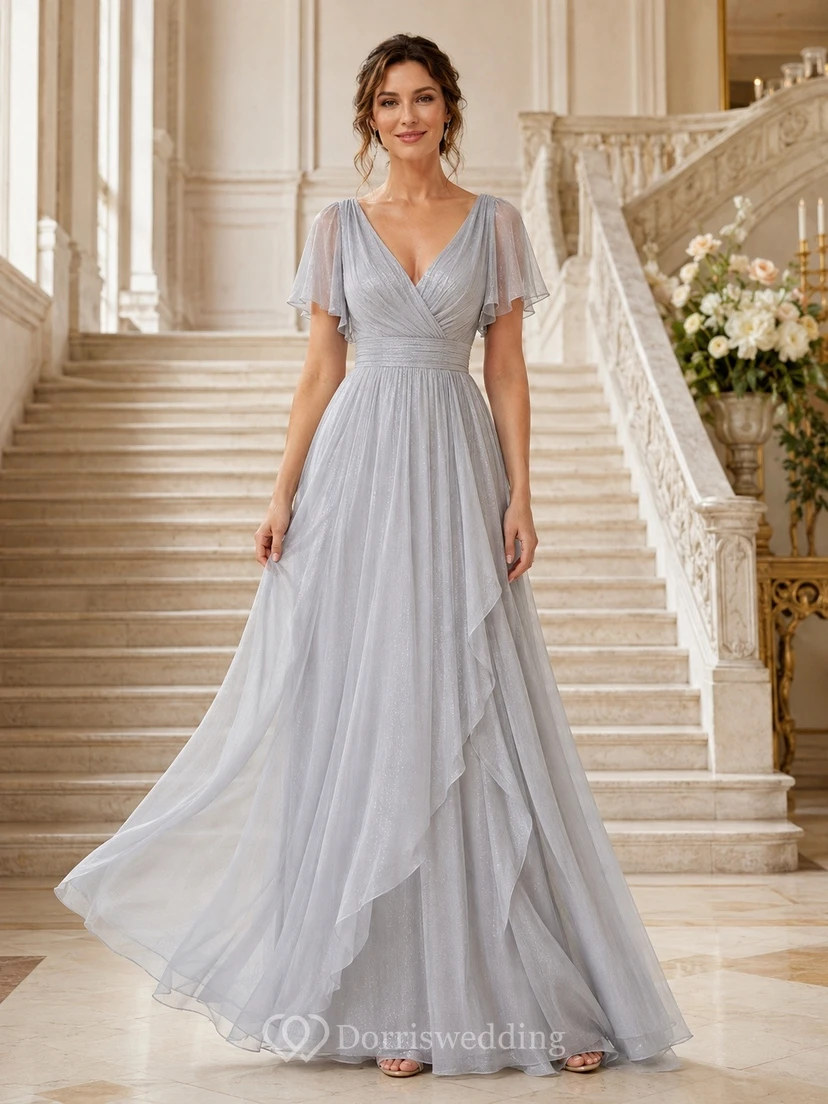 Steel Grey V-Neck Short Sleeve Chiffon A-Line Floor-Length Bridesmaid Dress
