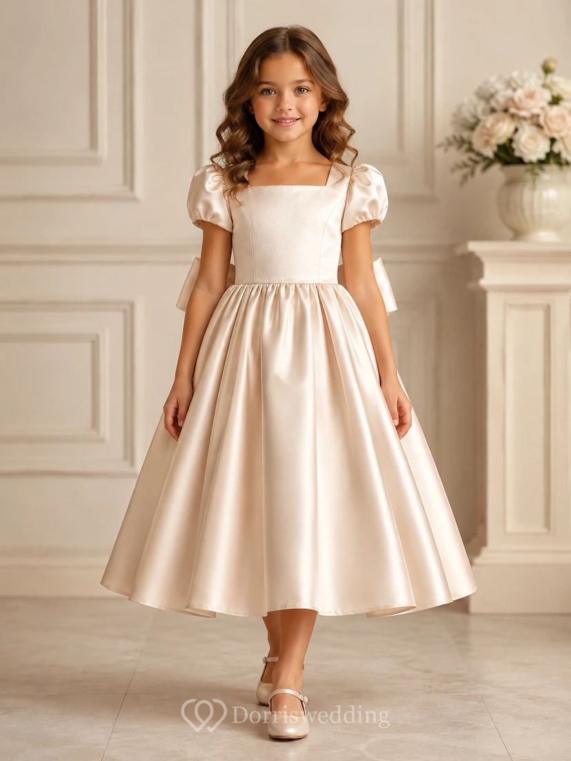 Blumenmädchenkleid aus champagnerfarbenem Satin, A-Linie, Rundhalsausschnitt, Teelänge, Schleife am Rücken