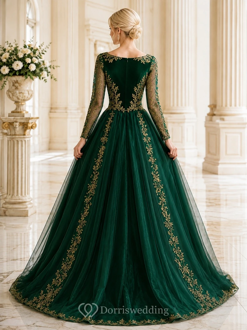 Dark Green Princess Embroidered Off Shoulder Long Sleeve Ball Gown Dress view 2