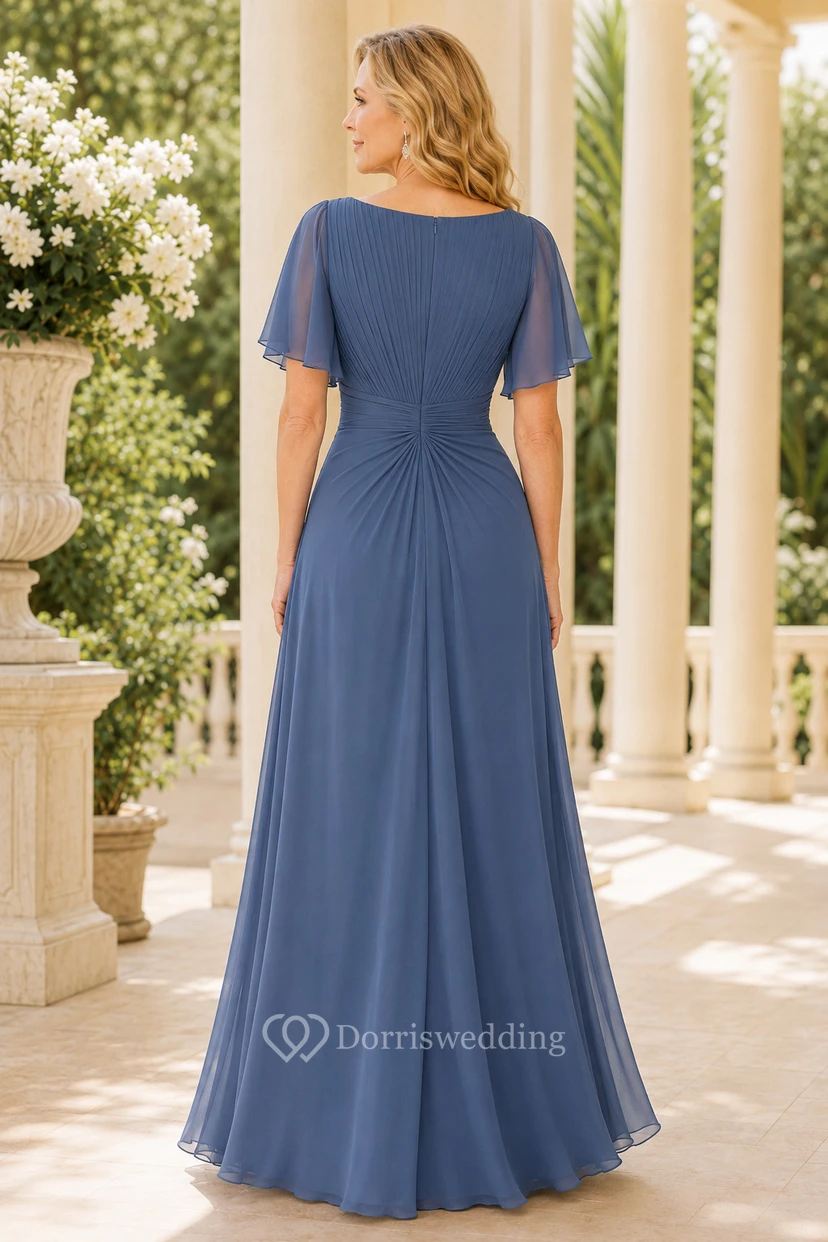 Stahlblaues Chiffon-Kleid in A-Linie mit U-Boot-Ausschnitt und Volantärmeln view 2