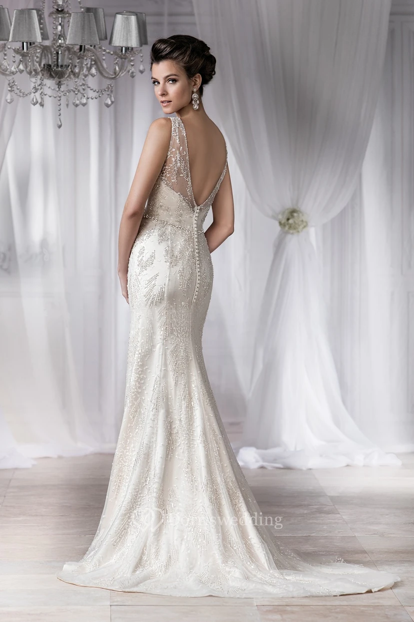 V-Neck Sleeveless Mermaid Wedding Dress With Beadings And Deep V-Back view 2
