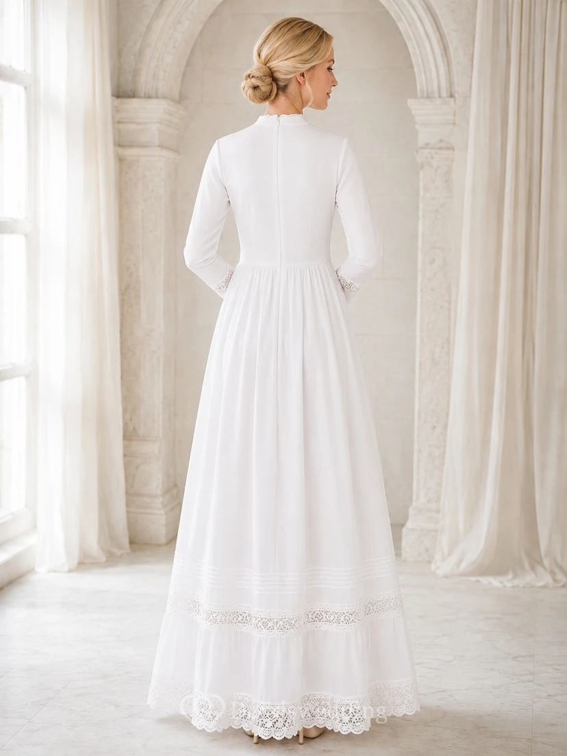Modest High Neck Long Sleeve Chiffon Lace Trim A-Line Ankle Length Bridal Dress view 2