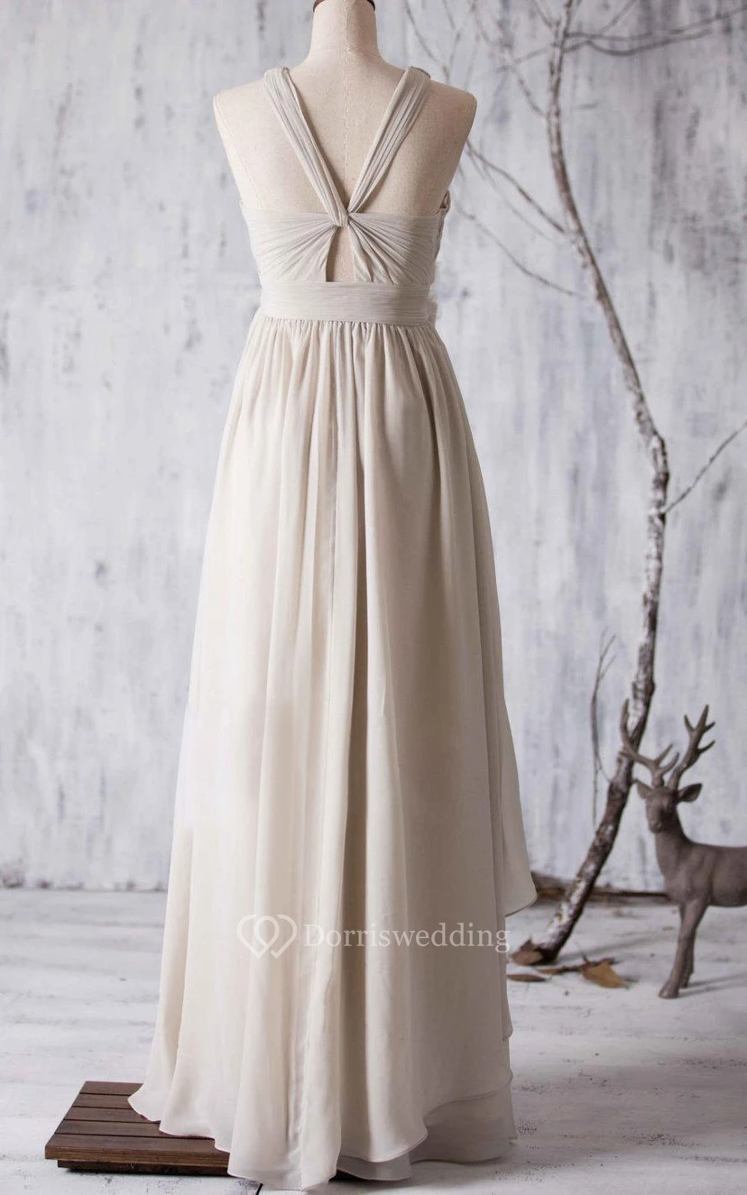 Criss Cross Top V Back A-line Pleated Chiffon Long Dress With Side Drop view 4