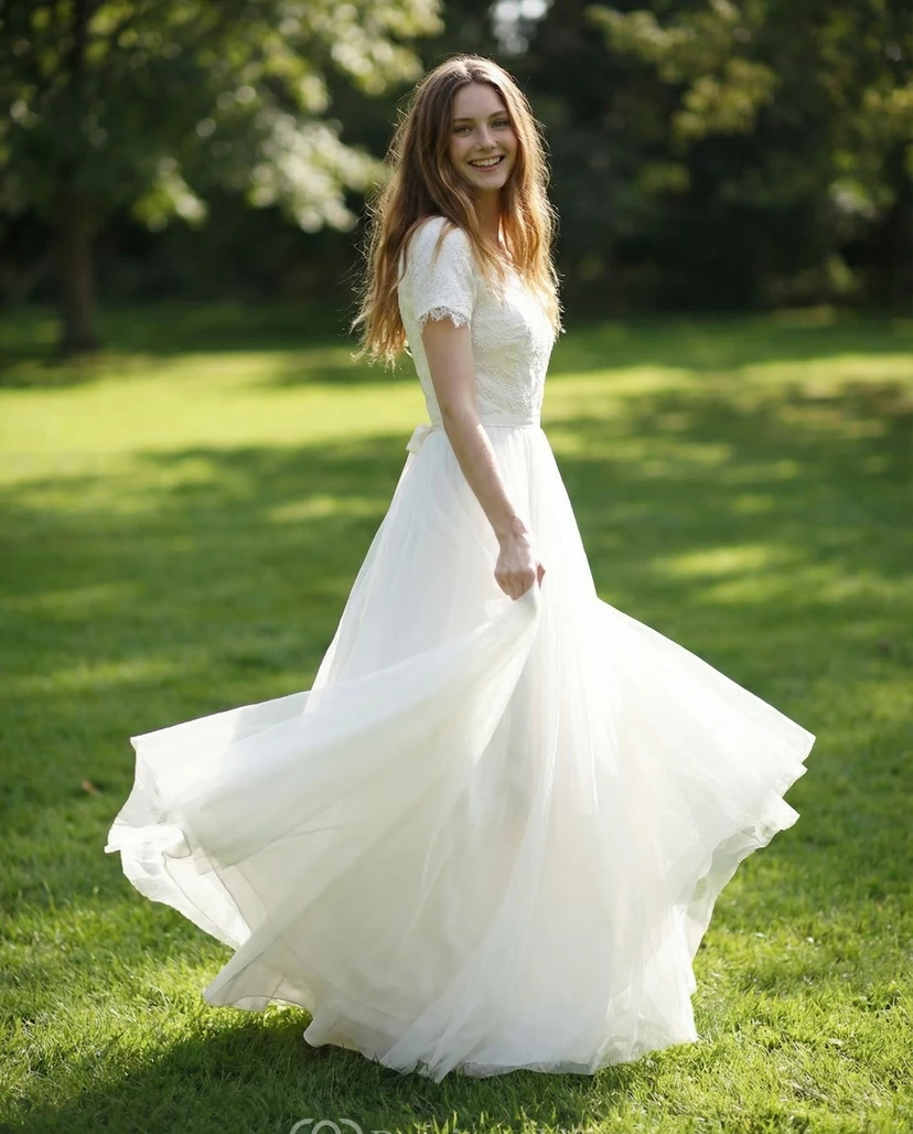 Short Sleeve V-Neck A-Line Tulle Bridal Gown