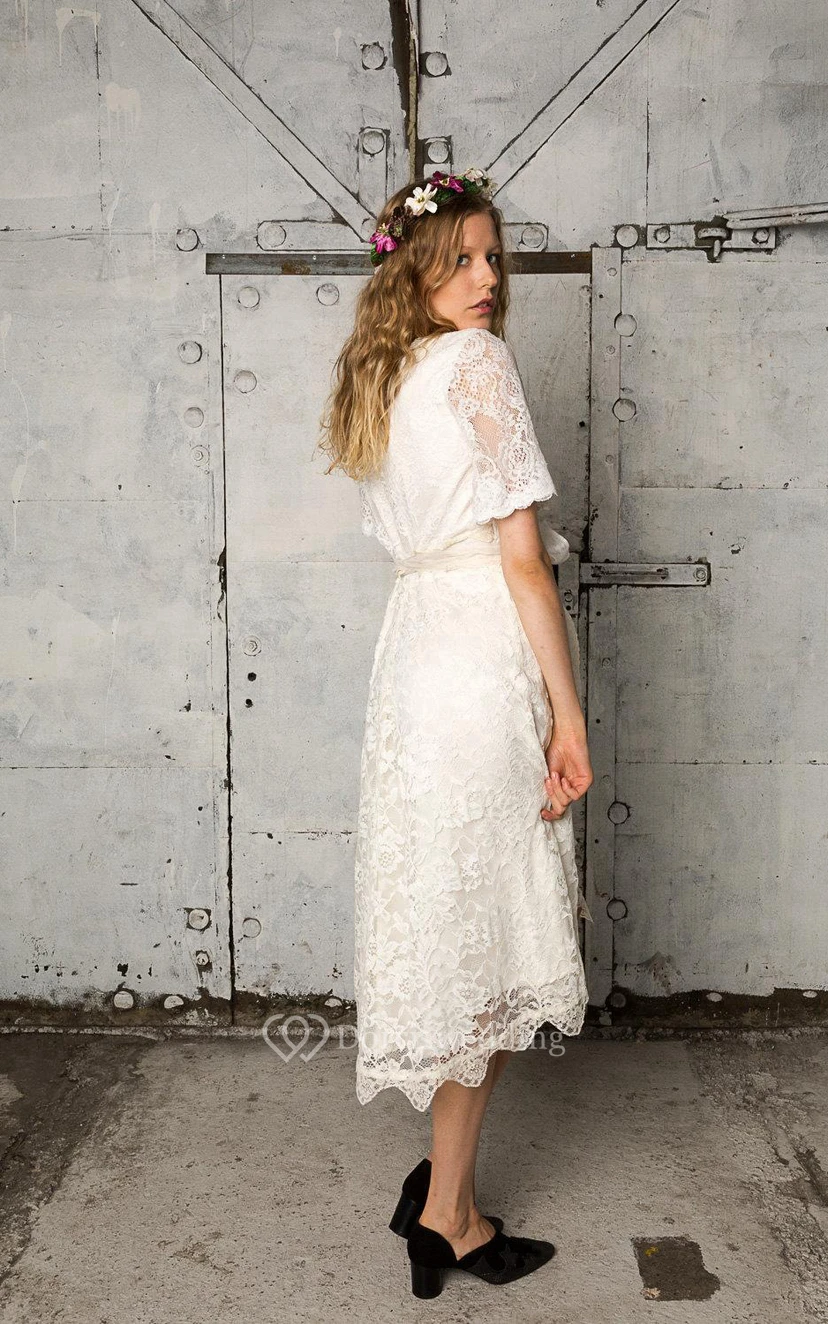 V-Neck Short Sleeve A-Line Knee Length Lace Dress With Bow Sash view 4