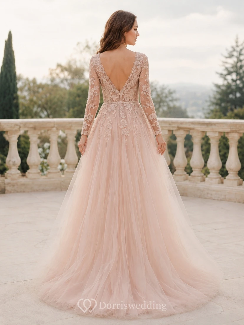 Blush Long Sleeve Deep V-Neck Applique Tulle A-Line Sweep Train Etheral Gown view 2