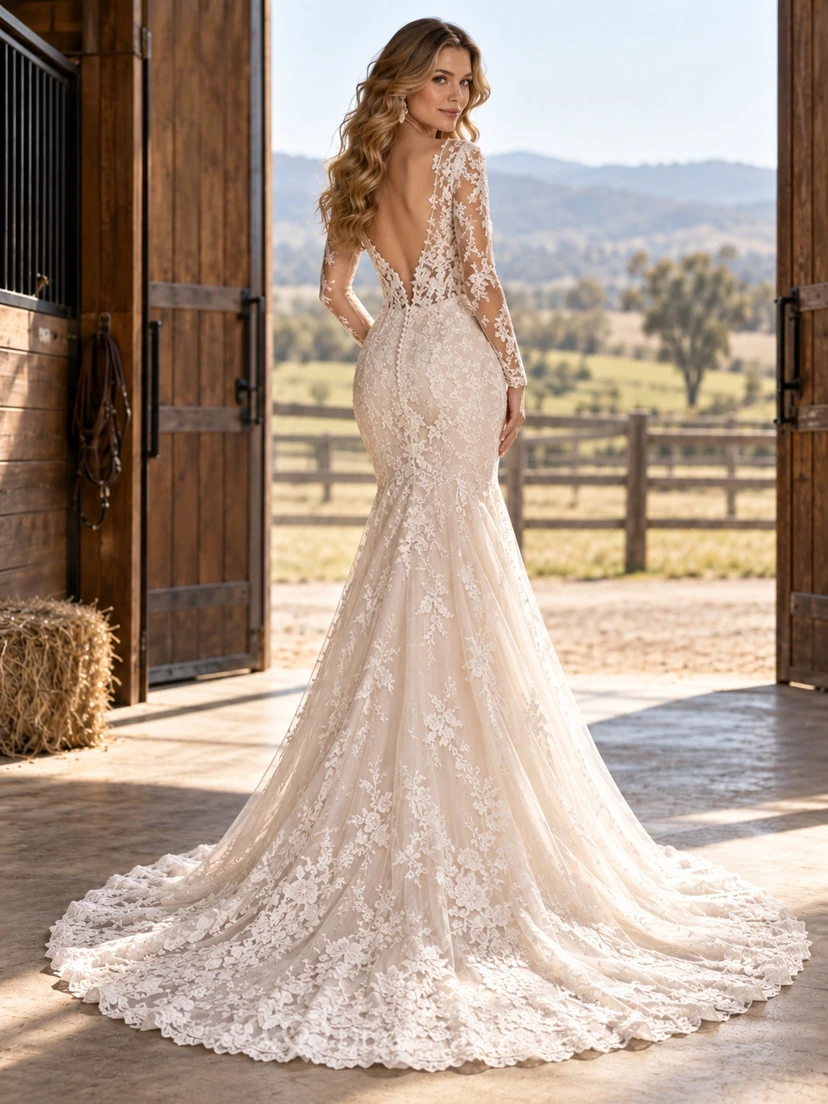 Western Mermaid Long Sleeve Plunge V-neck Lace Wedding Dress view 2