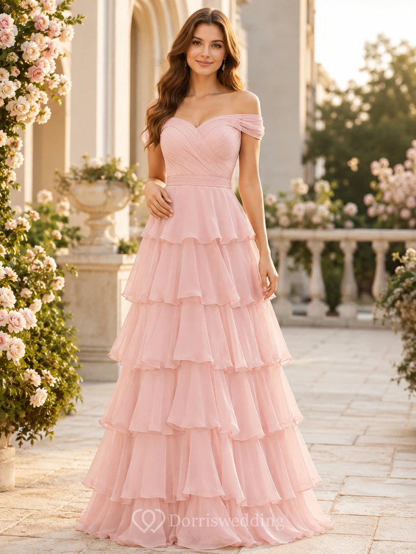 Zartrosa, schulterfreies, bodenlanges A-Linien-Kleid aus gestuftem Rüschen-Tüll mit Rüschen, das sich perfekt für festliche Anlässe eignet