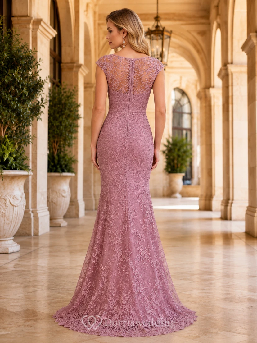 Meerjungfrauenkleid aus malvenfarbener Illusionsspitze mit kurzen Ärmeln view 2