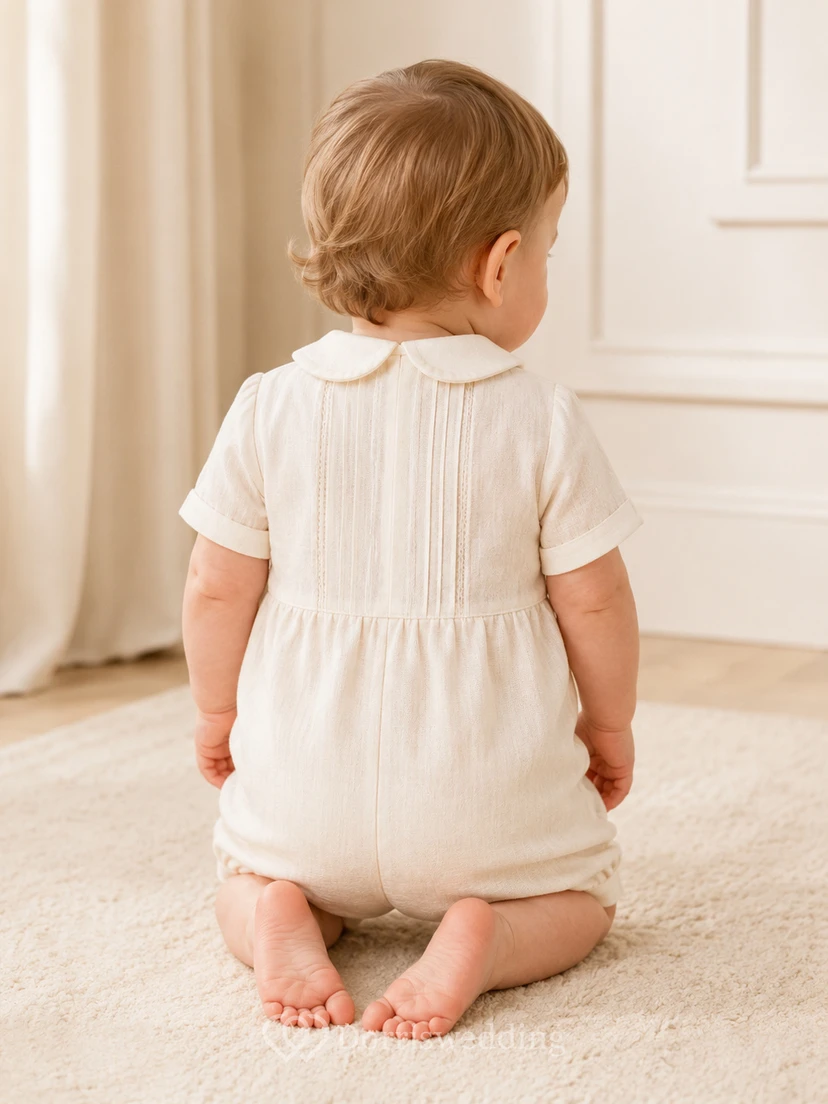 Ivory Vertical Pintuck Peter Collar Short Christening Romper for Baby Boy view 2