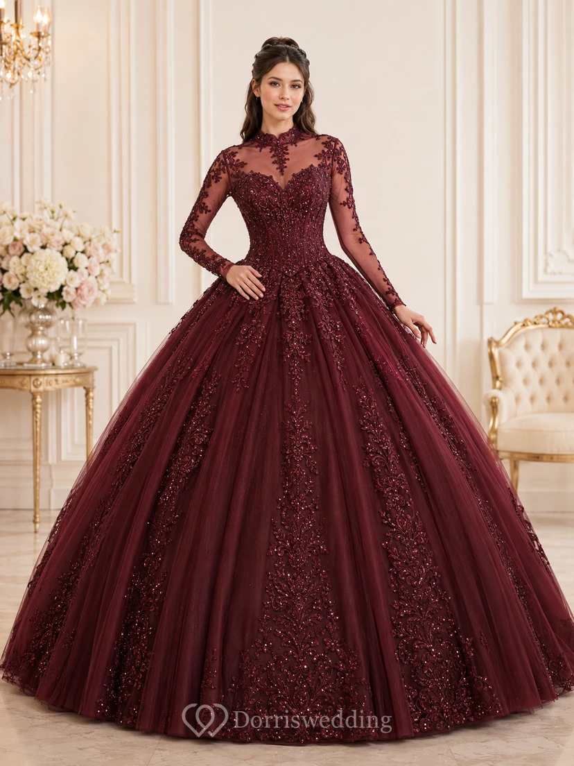 Robe de bal de princesse bordeaux, modeste, à col montant et manches illusion, en dentelle, pour quinceañera
