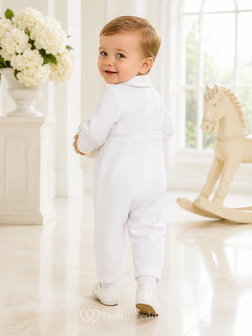White Peter Collar Long Sleeve Pintuck Baptism One Piece for Baby Boy view 2