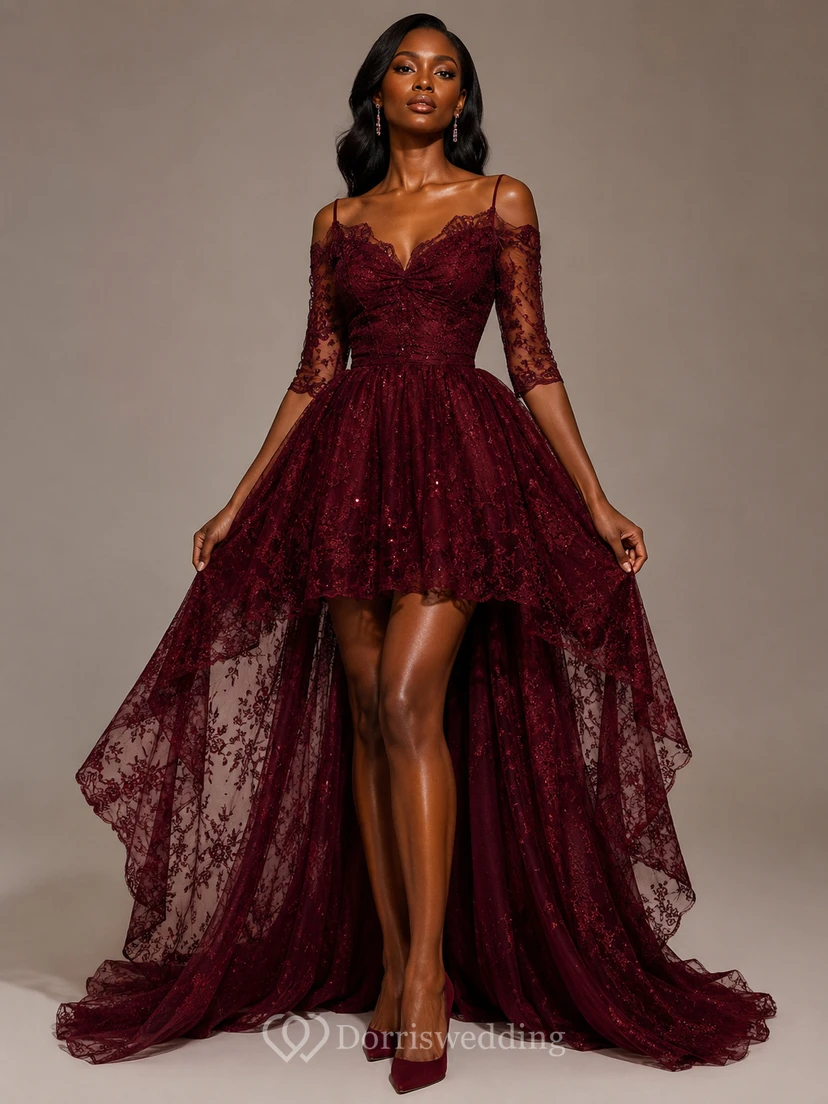 A-Line Lace Off-the-shoulder 3 4 Length Sleeve Zipper Low-V Back Dress view 5