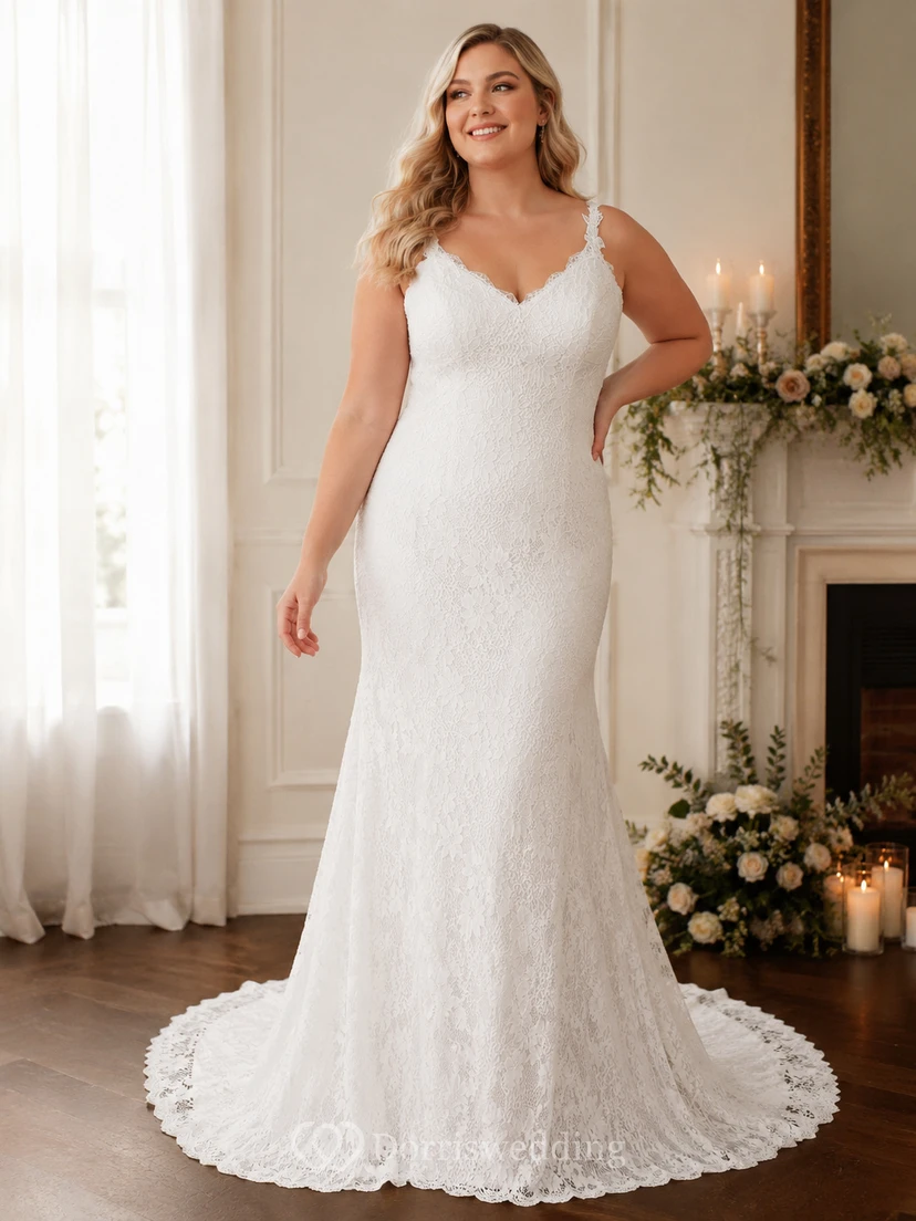 Robe de mariée sirène en dentelle, dos nu, bretelles spaghetti, style bohème chic, sexy, à bretelles spaghetti et ourlet asymétrique. view 4