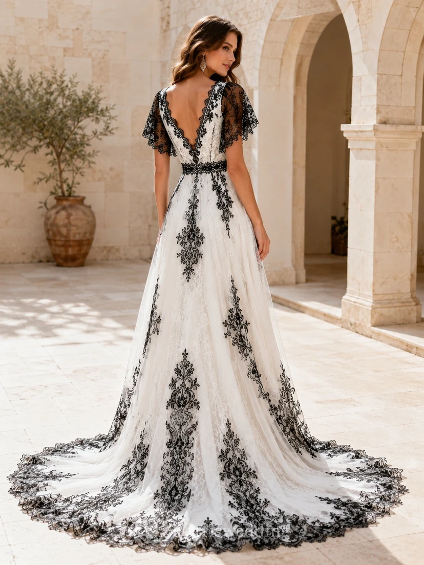 Vestido de novia bohemio romántico elegante con escote en V y estampado floral, corte en A. view 2