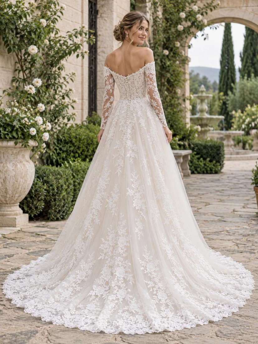 Robe de mariée trapèze en tulle à manches longues, épaules dénudées, ornée d'appliqués floraux festonnés et traîne. view 2