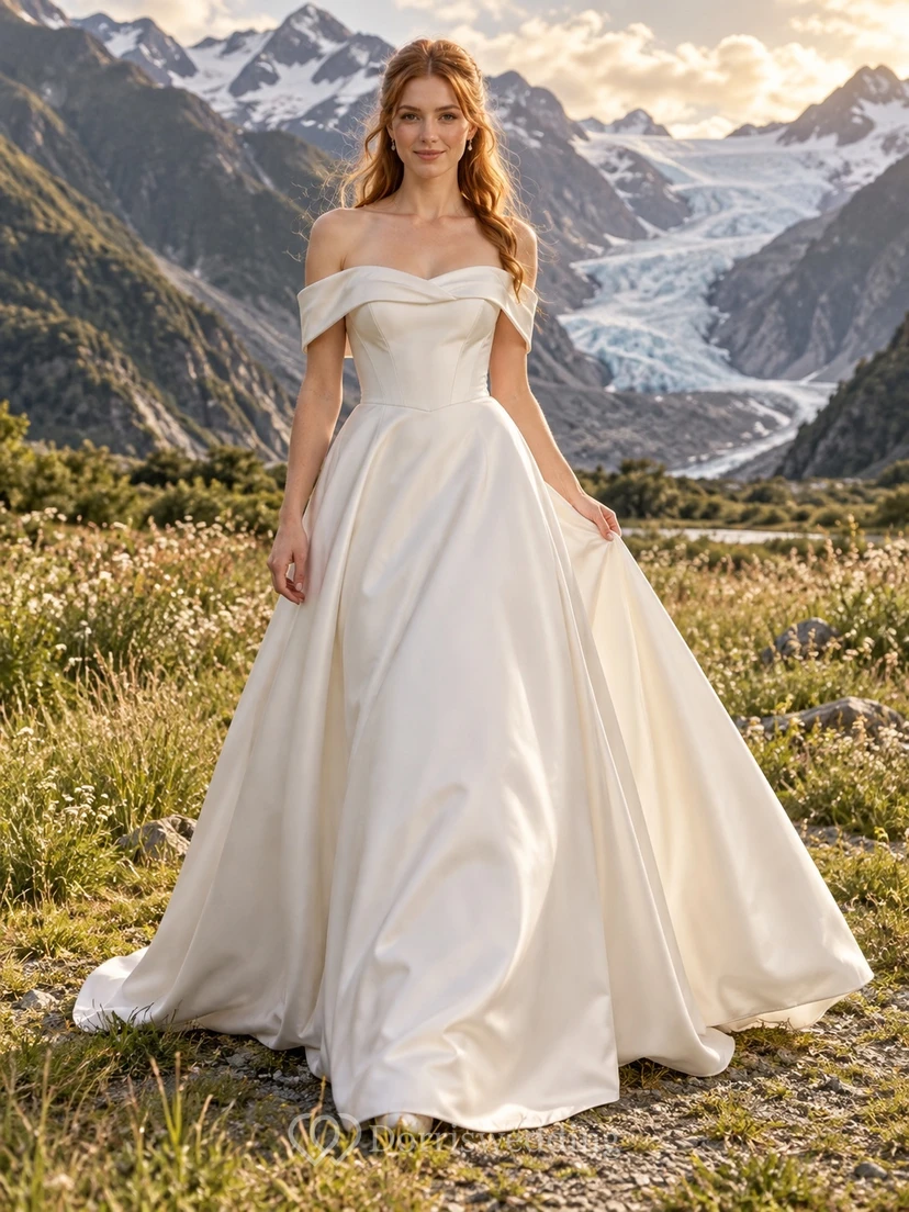 Schlichtes schulterfreies Brautkleid aus Satin in A-Linie mit langer Schleppe