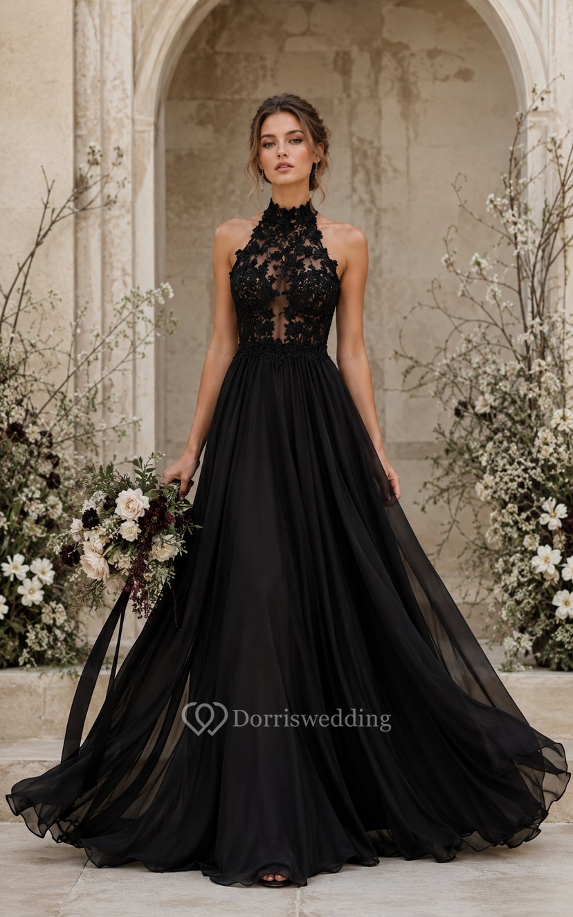 Black Halter Lace Bodice Tulle Wedding Dress | Dorris Wedding