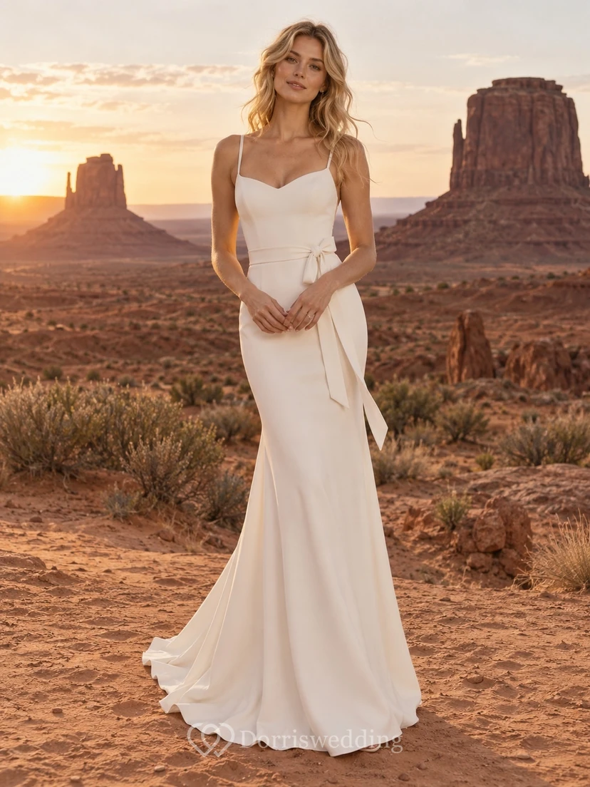 Vestido de novia sencillo de tirantes finos, escote corazón, sin mangas, con fajín y largo hasta el suelo, de crepé elástico.