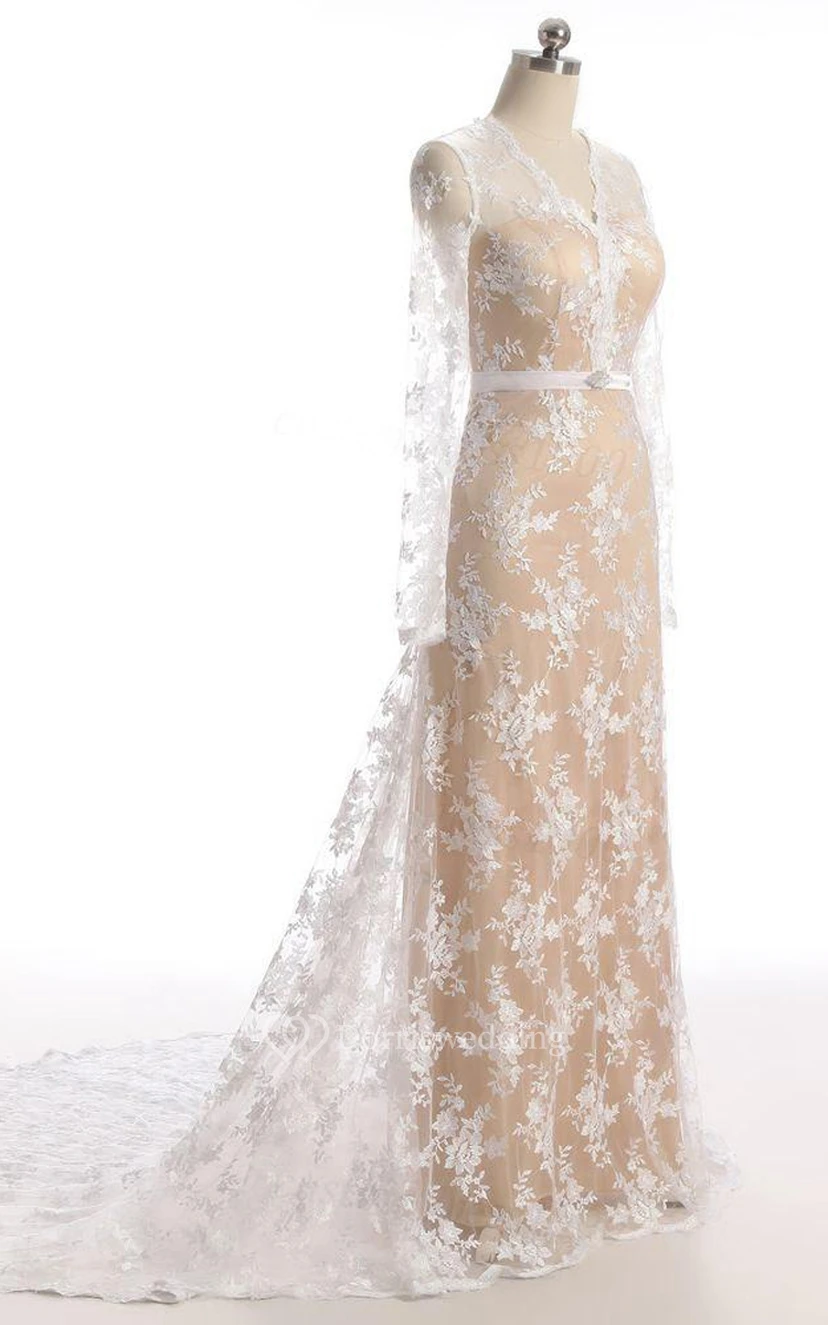 Mermaid Long Sleeve Court Train Lace Dress With Illusion view 3