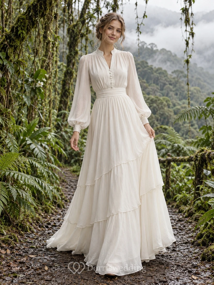 Schlichtes, langärmeliges Brautkleid aus Baumwollvoile mit Knöpfen und diagonal gestuftem A-Linien-Rock