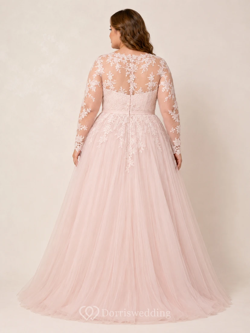 Blush Plus Size High Neck Lace Sleeve A-Line Bridal Gown view 2