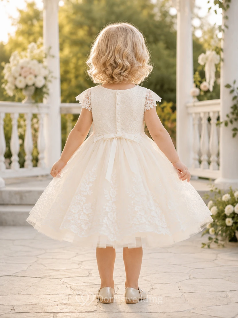 Robe de demoiselle d'honneur en dentelle champagne et tulle, coupe trapèze, manches papillon, col rond, longueur genou view 2