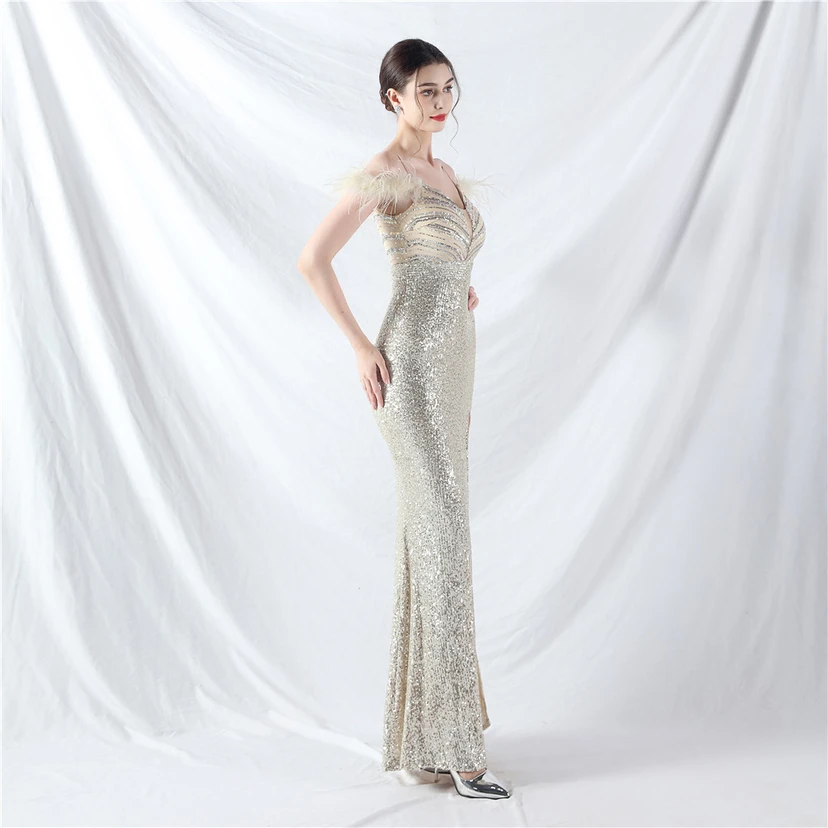 Elegantes Abendkleid mit Straußenfedern und Perlen, sexy, lang, mit Trägern und Schlitz view 23