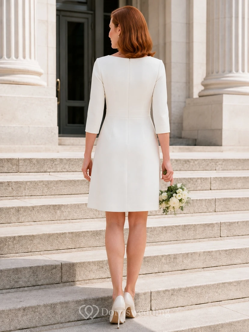 Crepe 3/4 Sleeve Sheath Jewel Neck Short Courthouse Civil Bridal Dress view 2